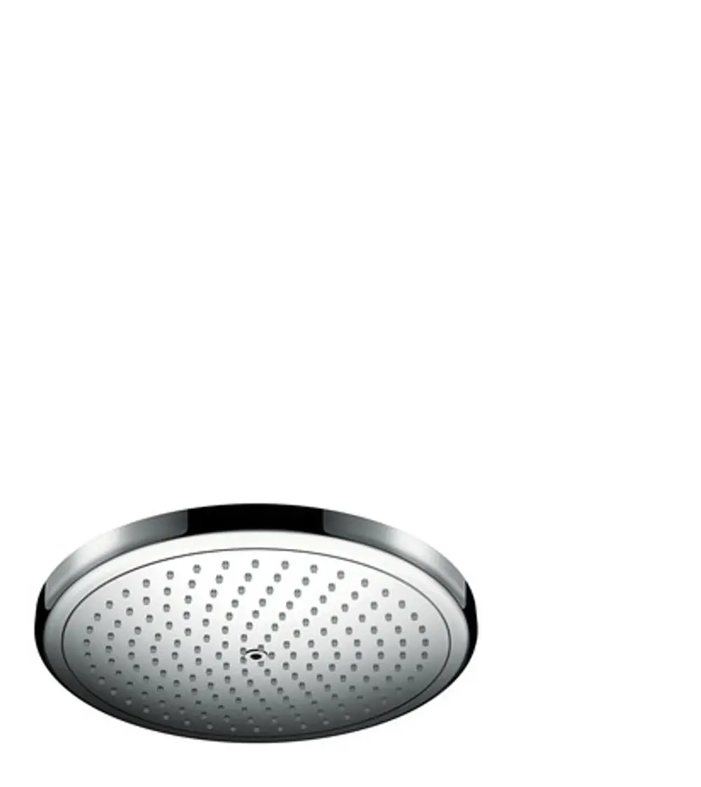 Runde Kopfbrause von Hansgrohe mit einer glatten, verchromten Oberfläche und gleichmäßig angeordneten Wasserjets. Ideal für die Installation in Duschen.